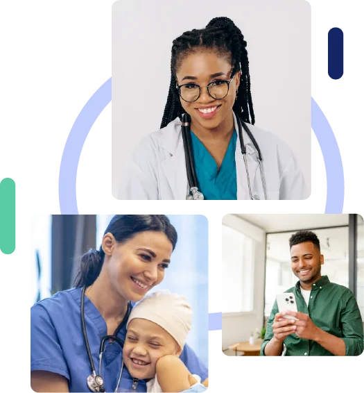 Amergis Staffing Benefits Header Image, various healthcare professionals looking happy